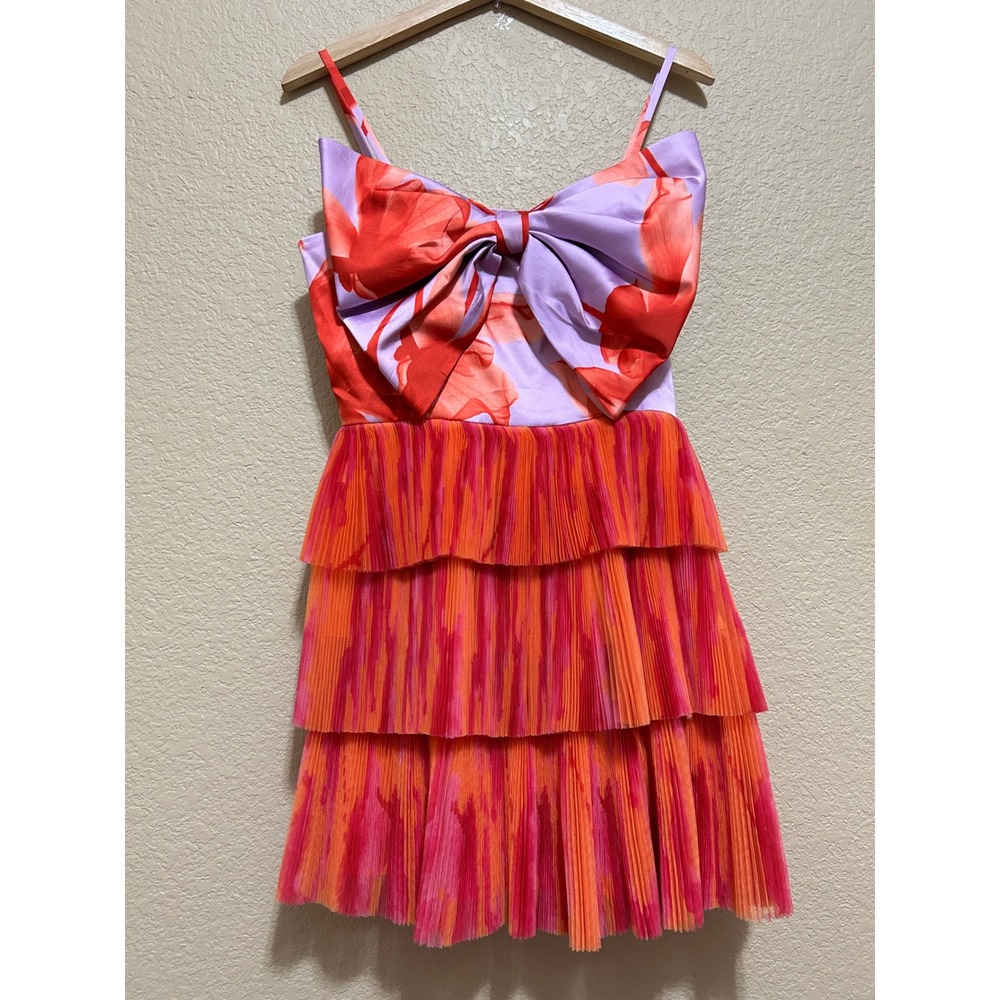 Anthropologie Hutch 6 Tier Tulle Mini Dress Orange Floral Bow Party Cocktail
